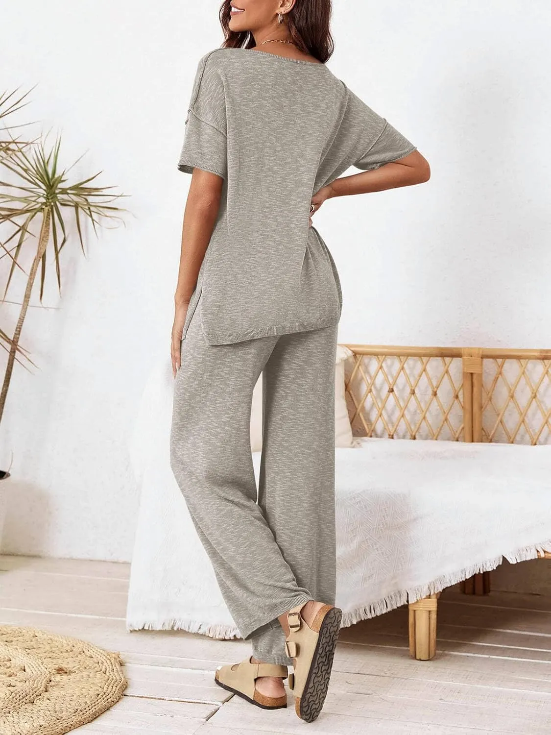 Tankaneo Women's 2 Piece Travel Outfits Casual Short Sleeve Knit Sweater Set Wide Leg Pants Lounge Sets Tracksuit