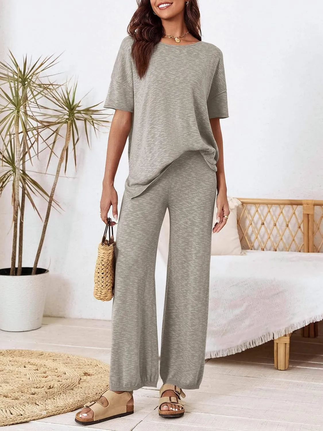Tankaneo Women's 2 Piece Travel Outfits Casual Short Sleeve Knit Sweater Set Wide Leg Pants Lounge Sets Tracksuit