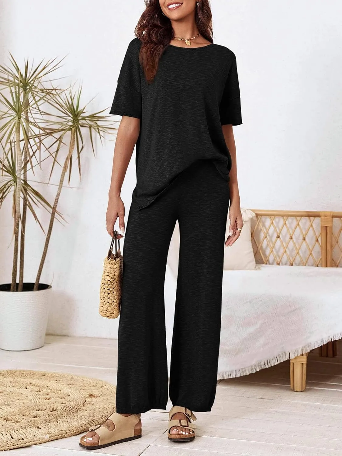 Tankaneo Women's 2 Piece Travel Outfits Casual Short Sleeve Knit Sweater Set Wide Leg Pants Lounge Sets Tracksuit