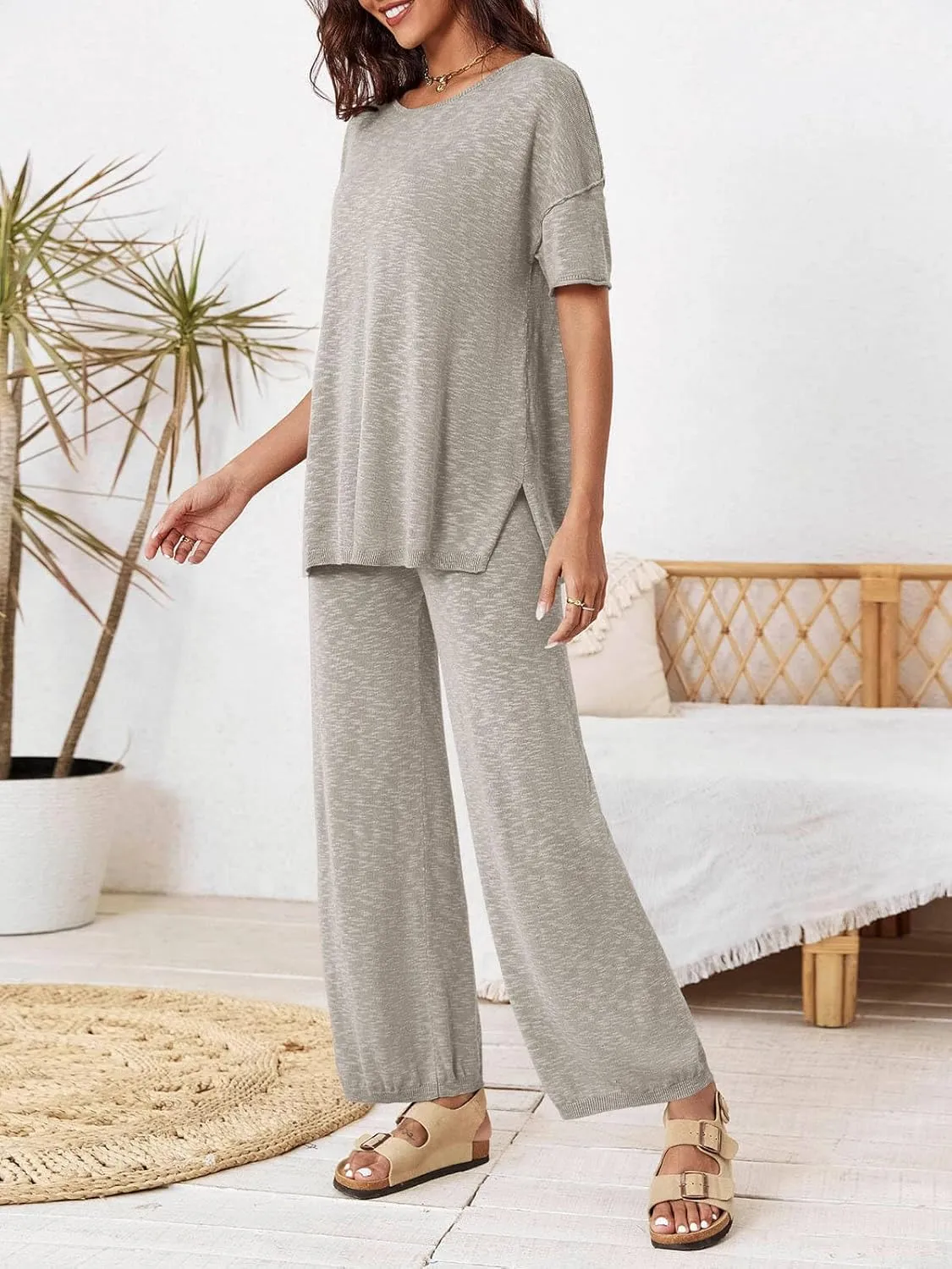 Tankaneo Women's 2 Piece Travel Outfits Casual Short Sleeve Knit Sweater Set Wide Leg Pants Lounge Sets Tracksuit