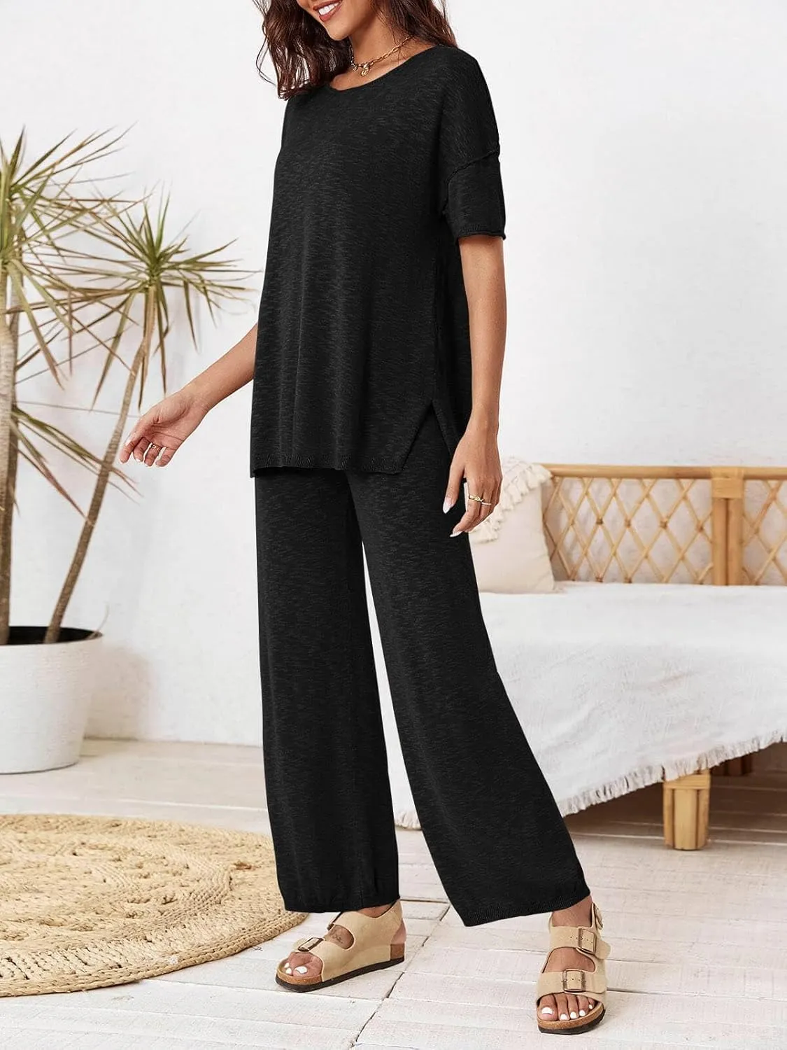 Tankaneo Women's 2 Piece Travel Outfits Casual Short Sleeve Knit Sweater Set Wide Leg Pants Lounge Sets Tracksuit