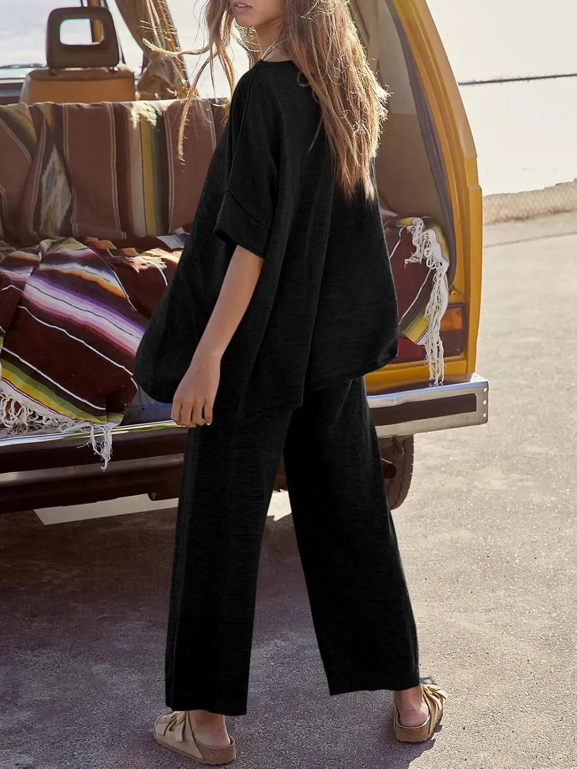 Tankaneo Women's 2 Piece Travel Outfits Casual Short Sleeve Knit Sweater Set Wide Leg Pants Lounge Sets Tracksuit