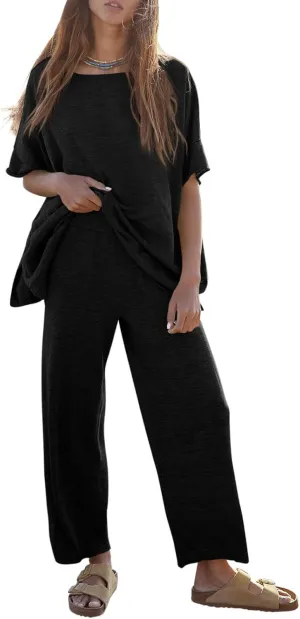 Tankaneo Women's 2 Piece Travel Outfits Casual Short Sleeve Knit Sweater Set Wide Leg Pants Lounge Sets Tracksuit