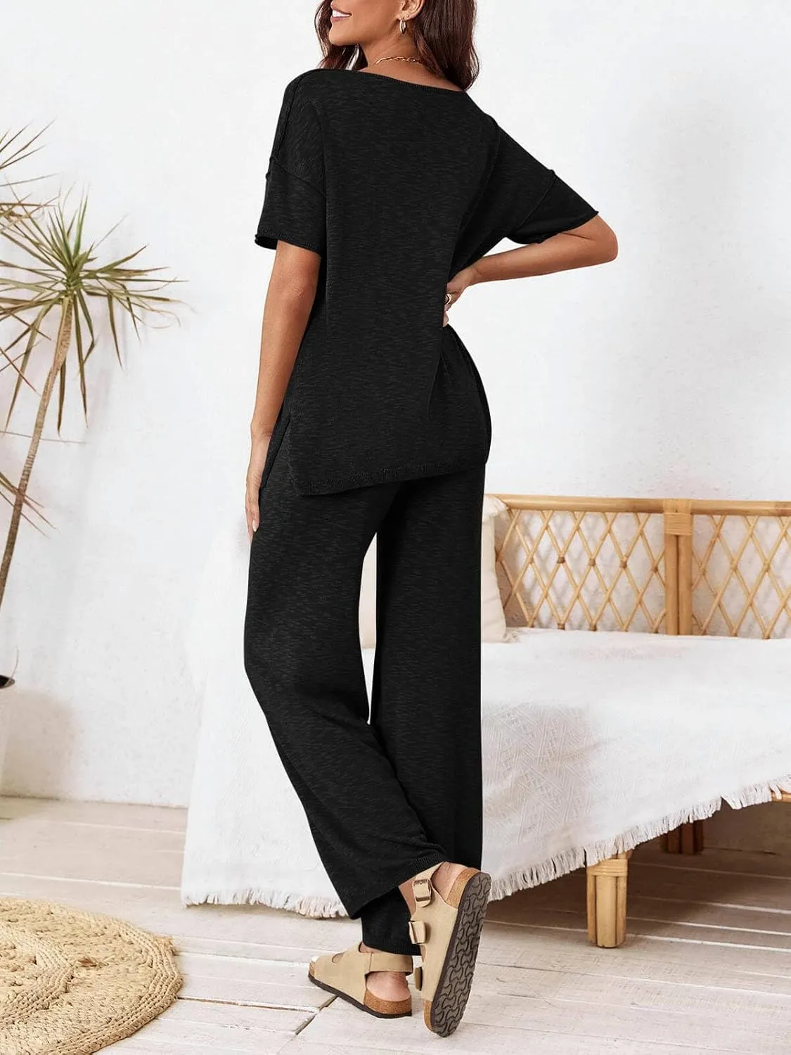 Tankaneo Women's 2 Piece Travel Outfits Casual Short Sleeve Knit Sweater Set Wide Leg Pants Lounge Sets Tracksuit