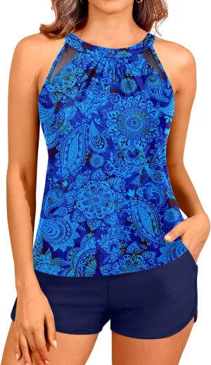 Tankini Bathing Suits with Shorts - High Neck Tankini Swimsuits Two Piece with Two Side Pockets Tummy Control Swimwear 2025