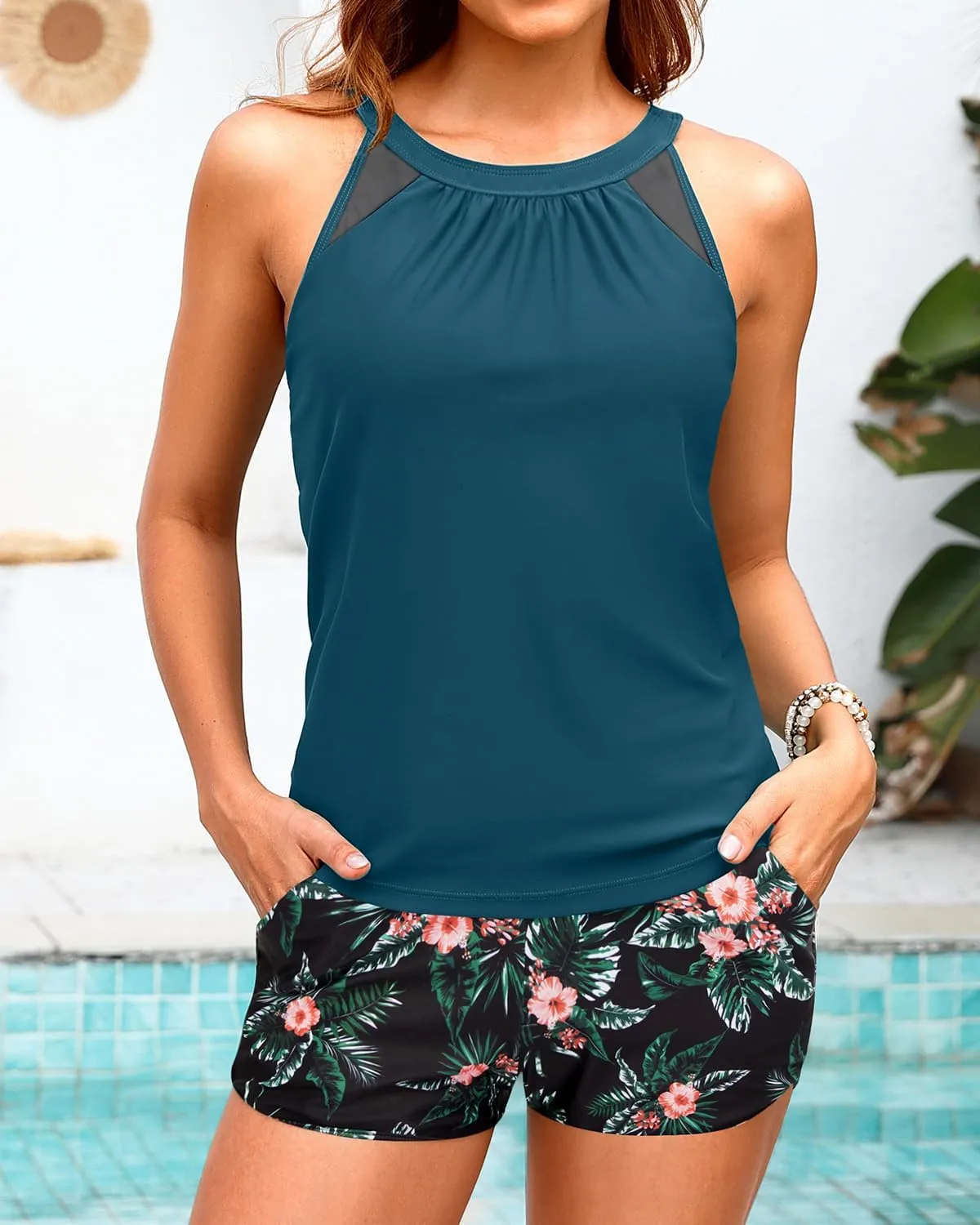 Tankini Bathing Suits with Shorts - High Neck Tankini Swimsuits Two Piece with Two Side Pockets Tummy Control Swimwear 2025