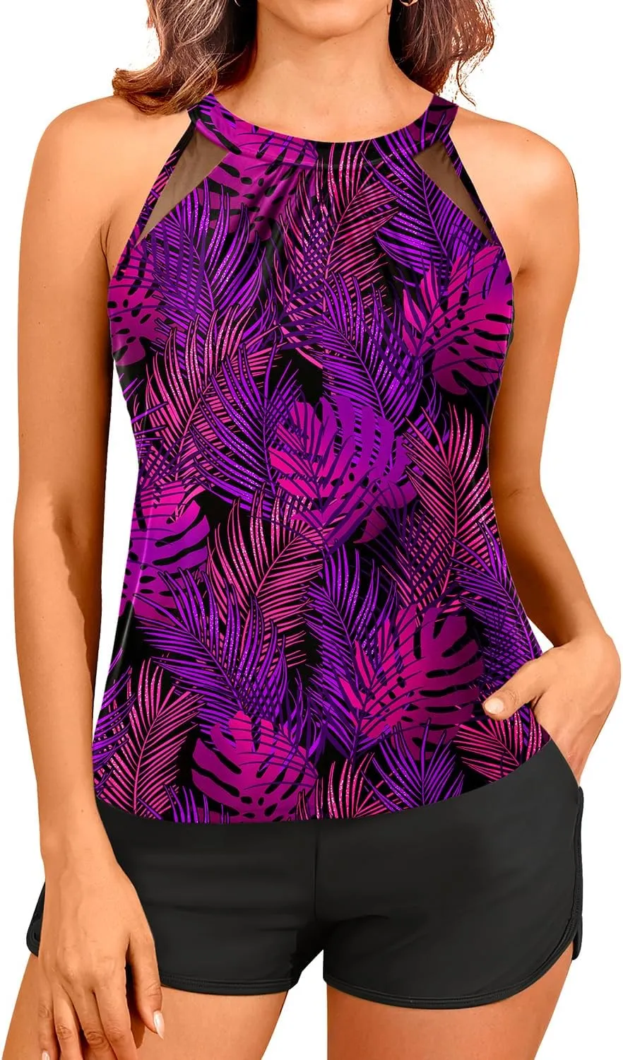 Tankini Bathing Suits with Shorts - High Neck Tankini Swimsuits Two Piece with Two Side Pockets Tummy Control Swimwear 2025
