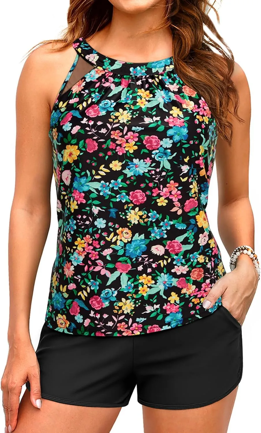 Tankini Bathing Suits with Shorts - High Neck Tankini Swimsuits Two Piece with Two Side Pockets Tummy Control Swimwear 2025