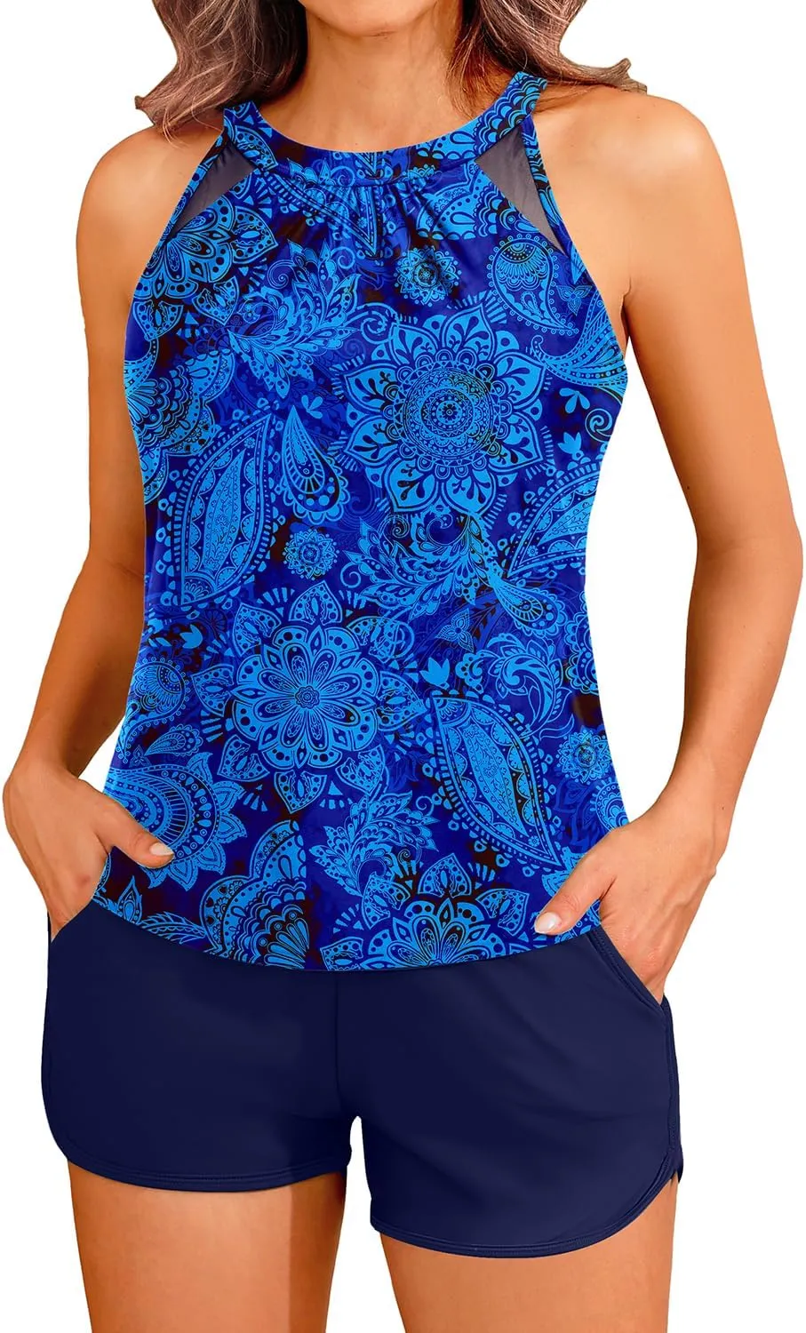 Tankini Bathing Suits with Shorts - High Neck Tankini Swimsuits Two Piece with Two Side Pockets Tummy Control Swimwear 2025