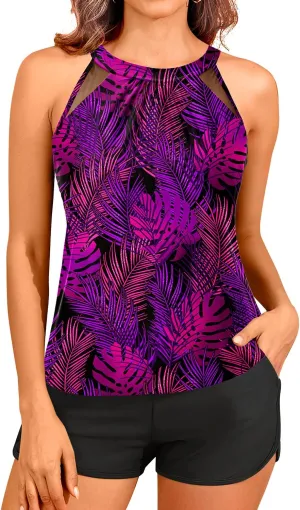 Tankini Bathing Suits with Shorts - High Neck Tankini Swimsuits Two Piece with Two Side Pockets Tummy Control Swimwear 2025