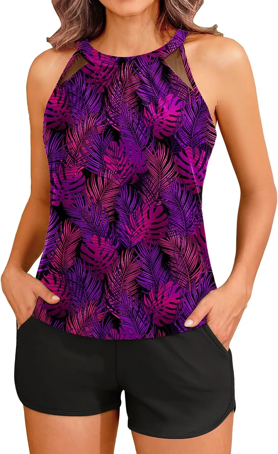 Tankini Bathing Suits with Shorts - High Neck Tankini Swimsuits Two Piece with Two Side Pockets Tummy Control Swimwear 2025