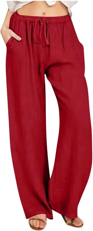 TARIENDY Women's Cotton Linen Pants Drawstring Elastic High Waist Wide Leg Lounge Palazzo Trousers Beach Vacation Outfits