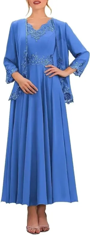 Tea Length Mother of The Bride Dresses for Wedding with Pockets Formal Dresses for Women 2 Pieces Evening Gown