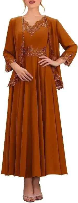 Tea Length Mother of The Bride Dresses for Wedding with Pockets Formal Dresses for Women 2 Pieces Evening Gown