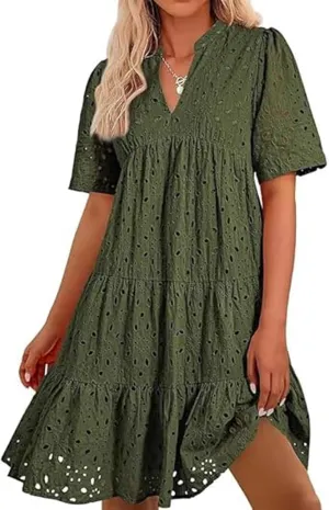 The Beauty North Eyelet Dress, Elegant Dresses for Women,Summer Ruffle Hem Floral Lace Eyeletsdresses