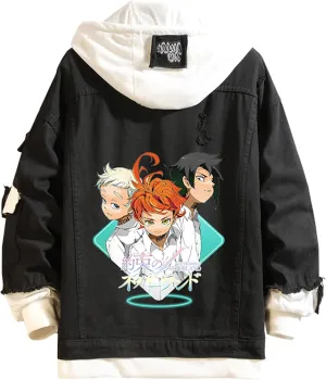 The Promised Neverland Denim Jacket Hoodie Manga Emma Norman Ray Hooded Jeans Jacket Unisex Anime Slim Denim Coat