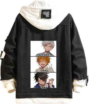 The Promised Neverland Denim Jacket Hoodie Manga Emma Norman Ray Hooded Jeans Jacket Unisex Anime Slim Denim Coat