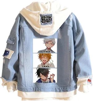The Promised Neverland Denim Jacket Hoodie Manga Emma Norman Ray Hooded Jeans Jacket Unisex Anime Slim Denim Coat