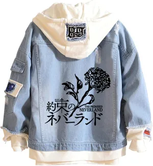 The Promised Neverland Denim Jacket Hoodie Manga Emma Norman Ray Hooded Jeans Jacket Unisex Anime Slim Denim Coat