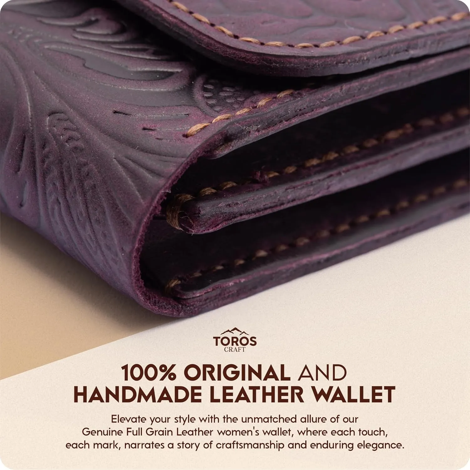 Toros Craft Handmade Keychain Wristlet Wallets for Women, Western Floral Leather Small Credit Card Holder with Zipper, Minimalist & Cute Coin Pouch, Genuine Leather (Purple)