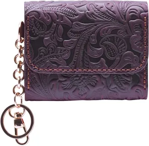 Toros Craft Handmade Keychain Wristlet Wallets for Women, Western Floral Leather Small Credit Card Holder with Zipper, Minimalist & Cute Coin Pouch, Genuine Leather (Purple)
