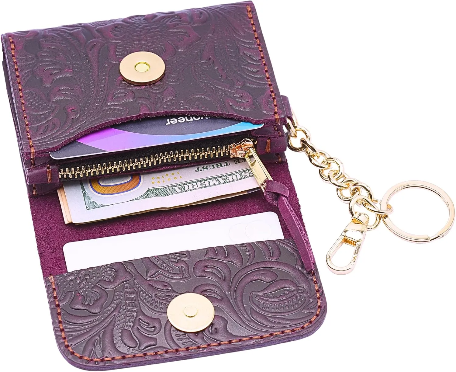 Toros Craft Handmade Keychain Wristlet Wallets for Women, Western Floral Leather Small Credit Card Holder with Zipper, Minimalist & Cute Coin Pouch, Genuine Leather (Purple)