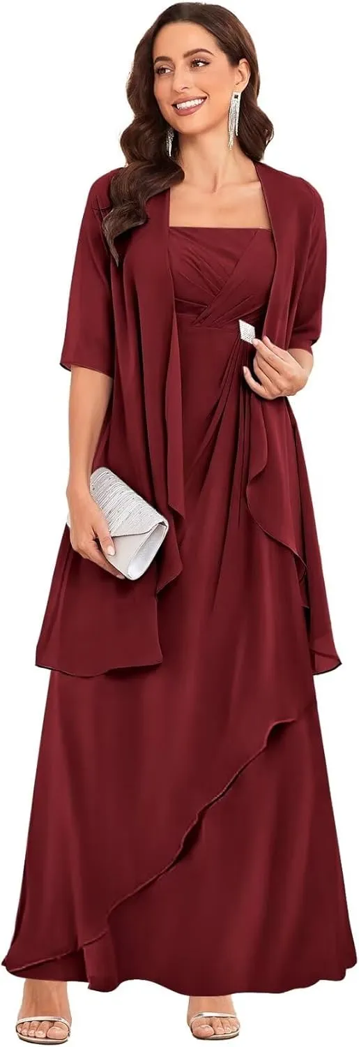 TORYEMY 2 Pieces Mother of The Bride Dresses with Jacket for Wedding Half Sleeve Long Chiffon Formal Evening Dresses