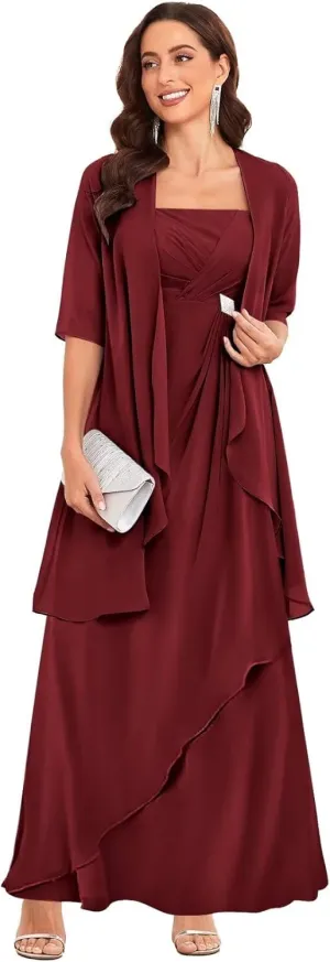 TORYEMY 2 Pieces Mother of The Bride Dresses with Jacket for Wedding Half Sleeve Long Chiffon Formal Evening Dresses