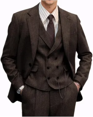 Tweed Herringbone Men Suit 3 Piece Suits for Men Formal 2 Button Wool Jacket Dress Suit Vest Pants Mens Wedding Prom Tuxedo