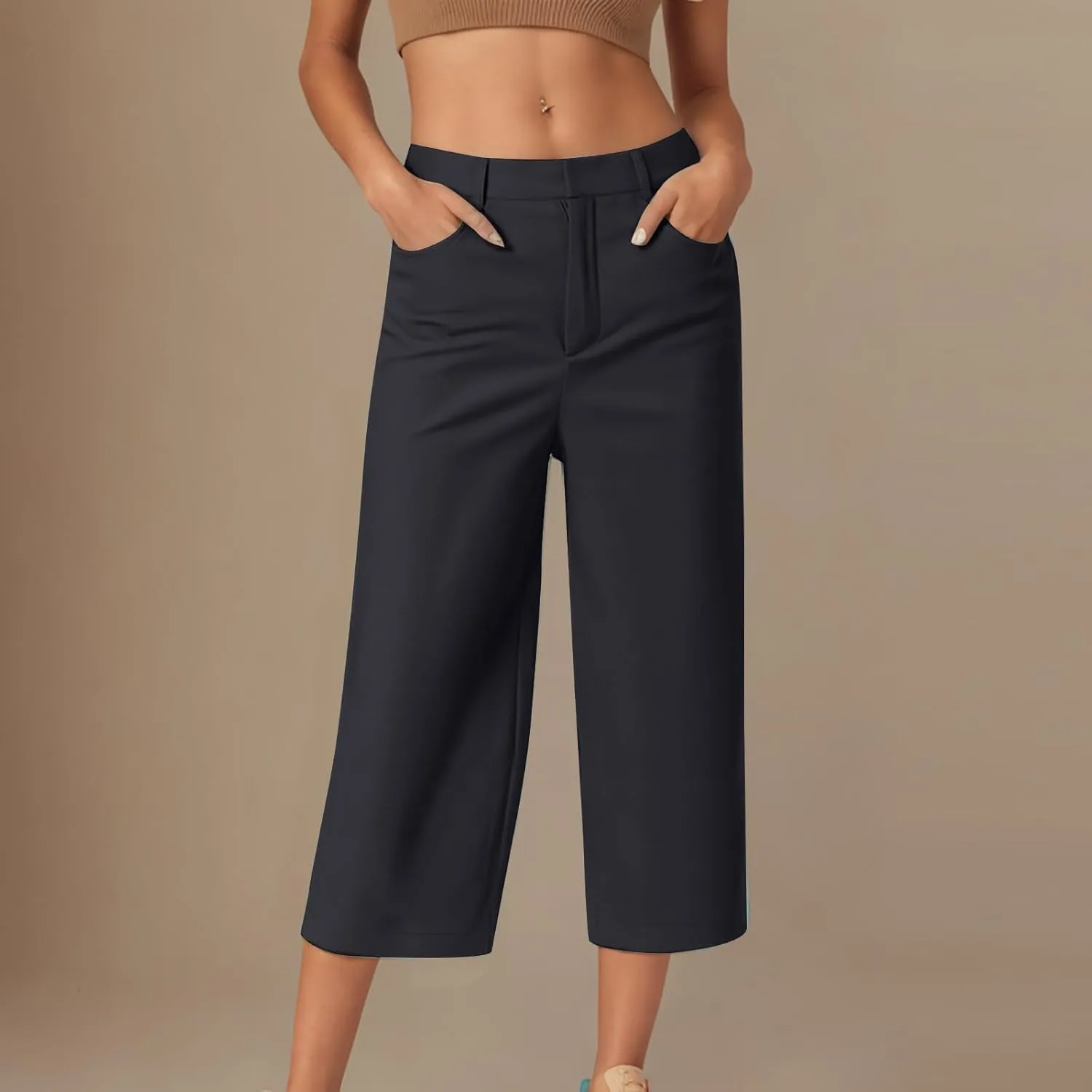 Twill Capri Pants for Women Casual Oversized Dress Pants High Waist Straight Leg Capris Dressy Office Cropped Trousers