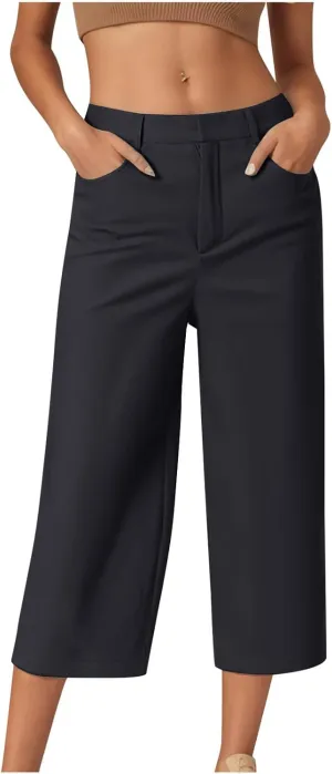 Twill Capri Pants for Women Casual Oversized Dress Pants High Waist Straight Leg Capris Dressy Office Cropped Trousers