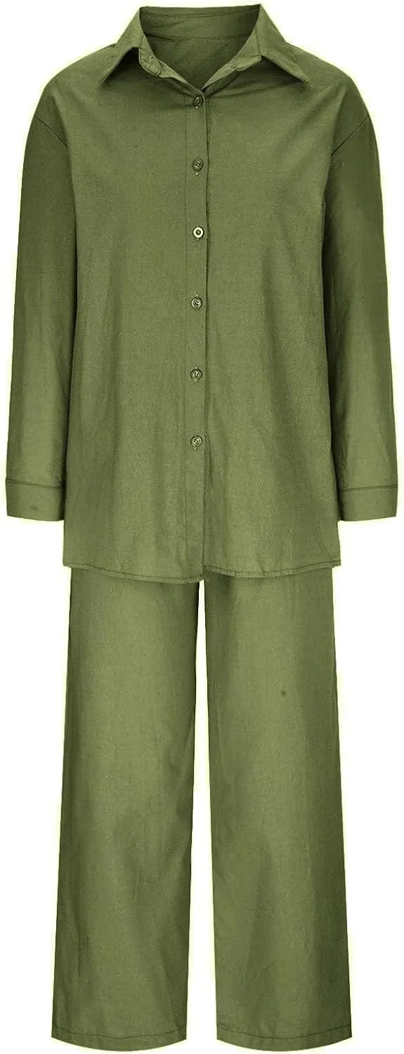 Two Piece Set for Women Cotton Linen Lapel Button Long Sleeve Shirt Wide Leg Pants Casual Baggy Summer Lounge Outfits