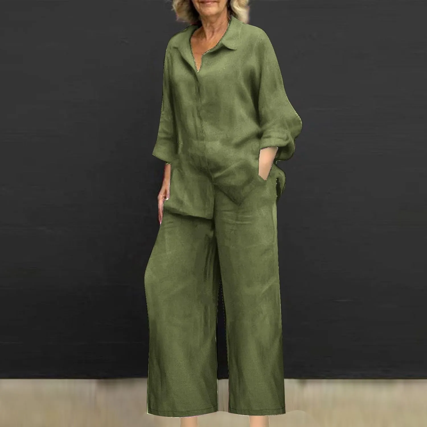 Two Piece Set for Women Cotton Linen Lapel Button Long Sleeve Shirt Wide Leg Pants Casual Baggy Summer Lounge Outfits