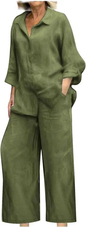 Two Piece Set for Women Cotton Linen Lapel Button Long Sleeve Shirt Wide Leg Pants Casual Baggy Summer Lounge Outfits