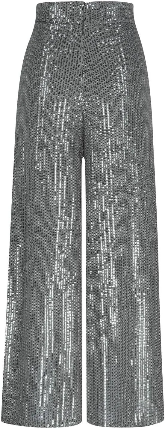 Uillui Glitter Sequin Palazzo Pant for Women High Waist Pleated Sparkle Flowy Pant Straight Wide Leg Fashion Shimmer Trouser