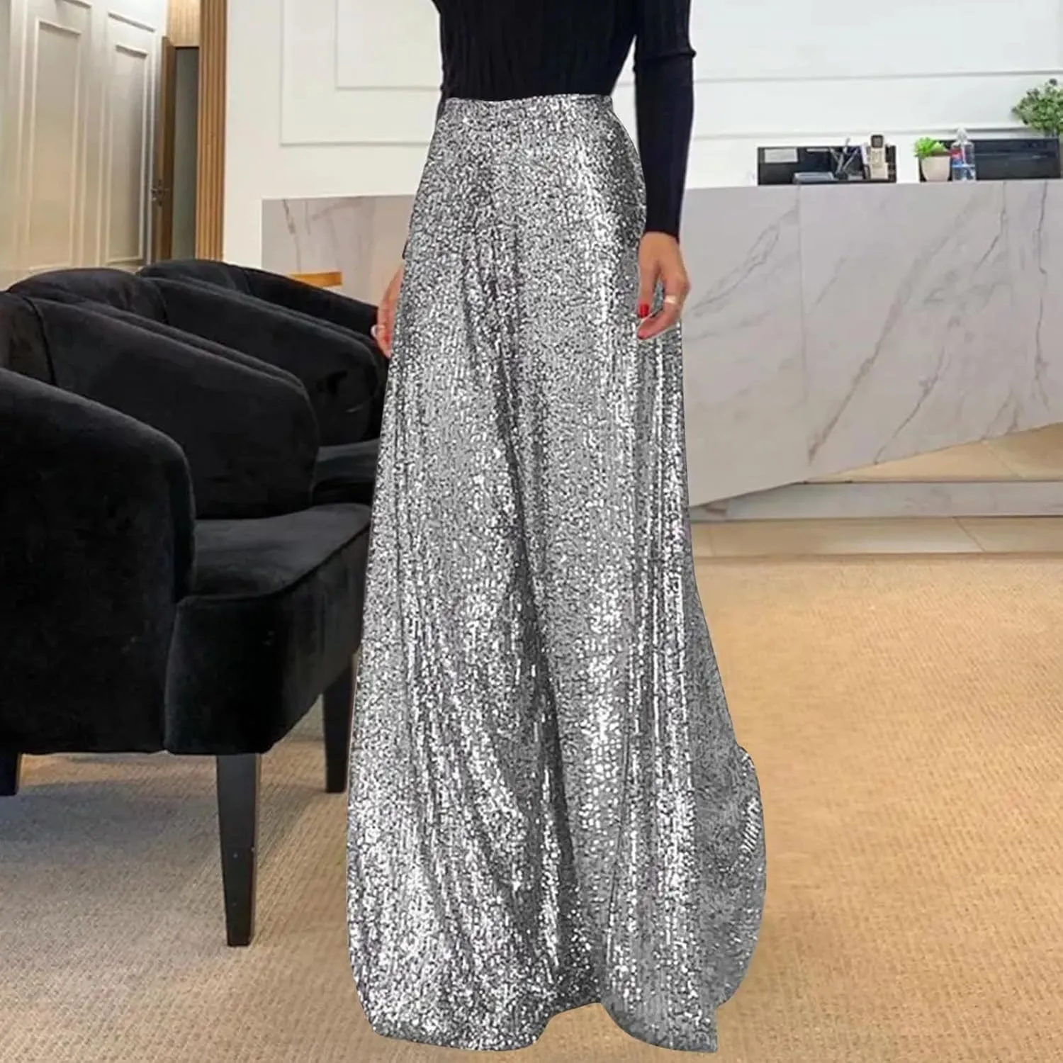 Uillui Glitter Sequin Palazzo Pant for Women High Waist Pleated Sparkle Flowy Pant Straight Wide Leg Fashion Shimmer Trouser