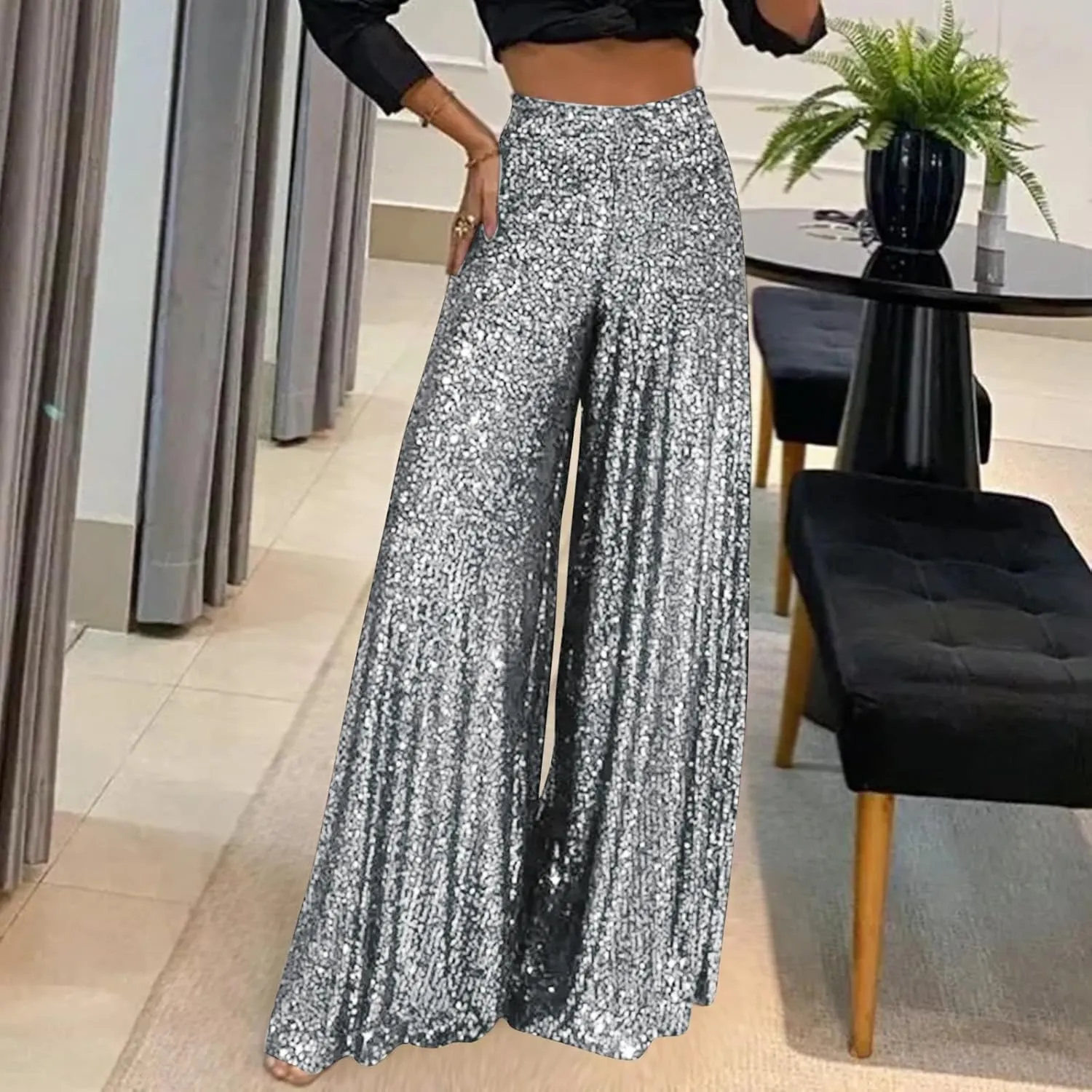 Uillui Glitter Sequin Palazzo Pant for Women High Waist Pleated Sparkle Flowy Pant Straight Wide Leg Fashion Shimmer Trouser