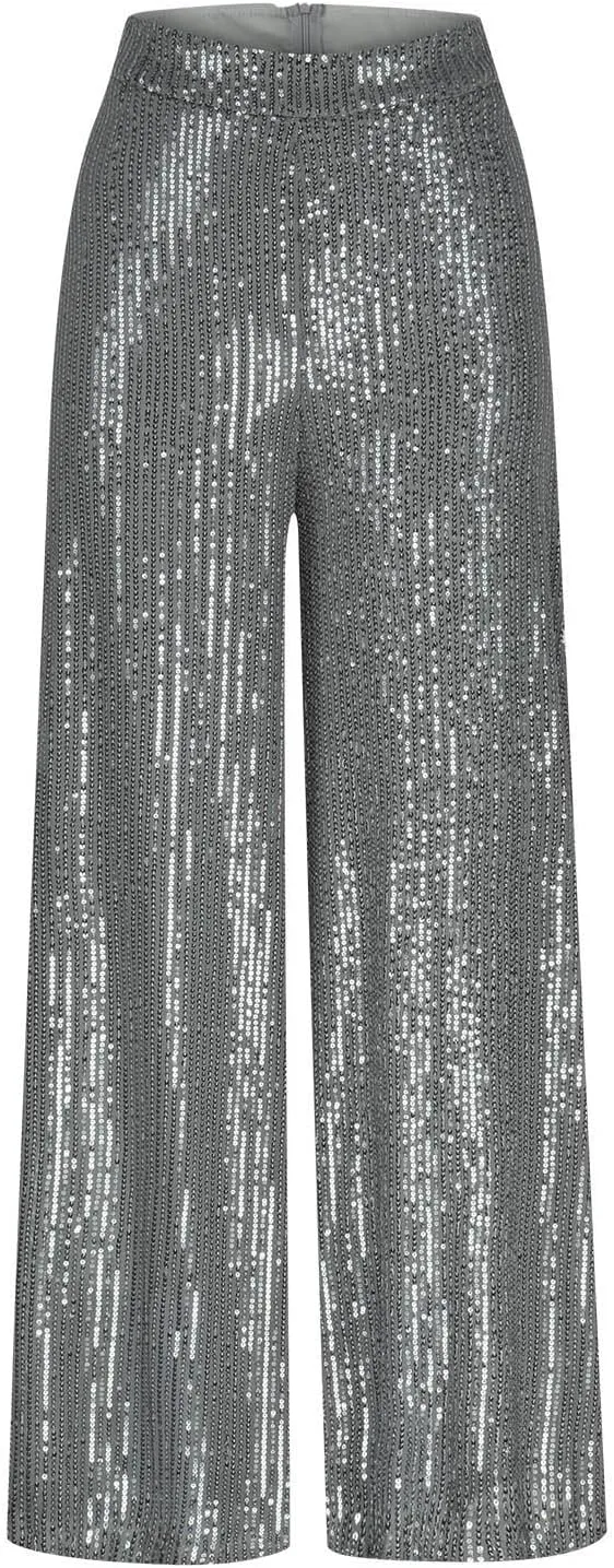 Uillui Glitter Sequin Palazzo Pant for Women High Waist Pleated Sparkle Flowy Pant Straight Wide Leg Fashion Shimmer Trouser