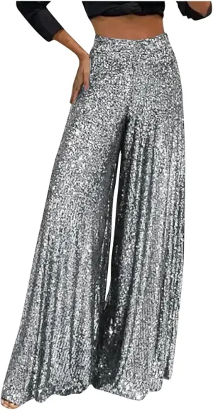 Uillui Glitter Sequin Palazzo Pant for Women High Waist Pleated Sparkle Flowy Pant Straight Wide Leg Fashion Shimmer Trouser
