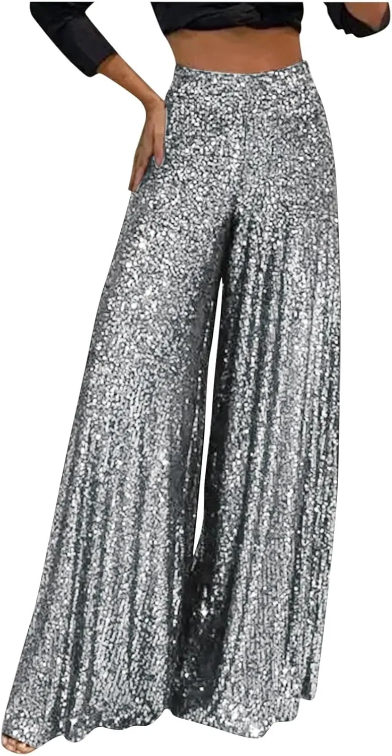 Uillui Glitter Sequin Palazzo Pant for Women High Waist Pleated Sparkle Flowy Pant Straight Wide Leg Fashion Shimmer Trouser