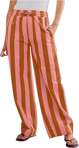 Vertical Striped Wide Leg Pants Womens Vintage High Waist Loungewear Pant Fashion Casual Loose Fit Pocketed Trousers