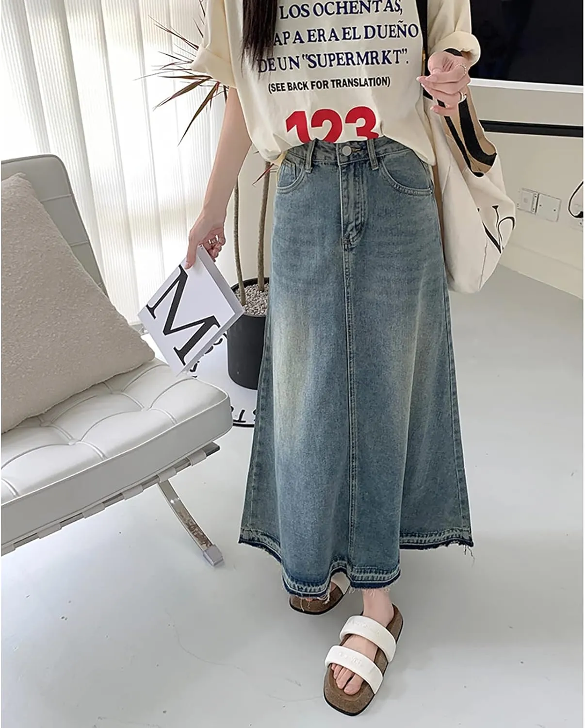 Vintage Denim High Waisted Maxi Skirt, Blue, Size L, Slim Fit, Women's Fashion Enthusiasts