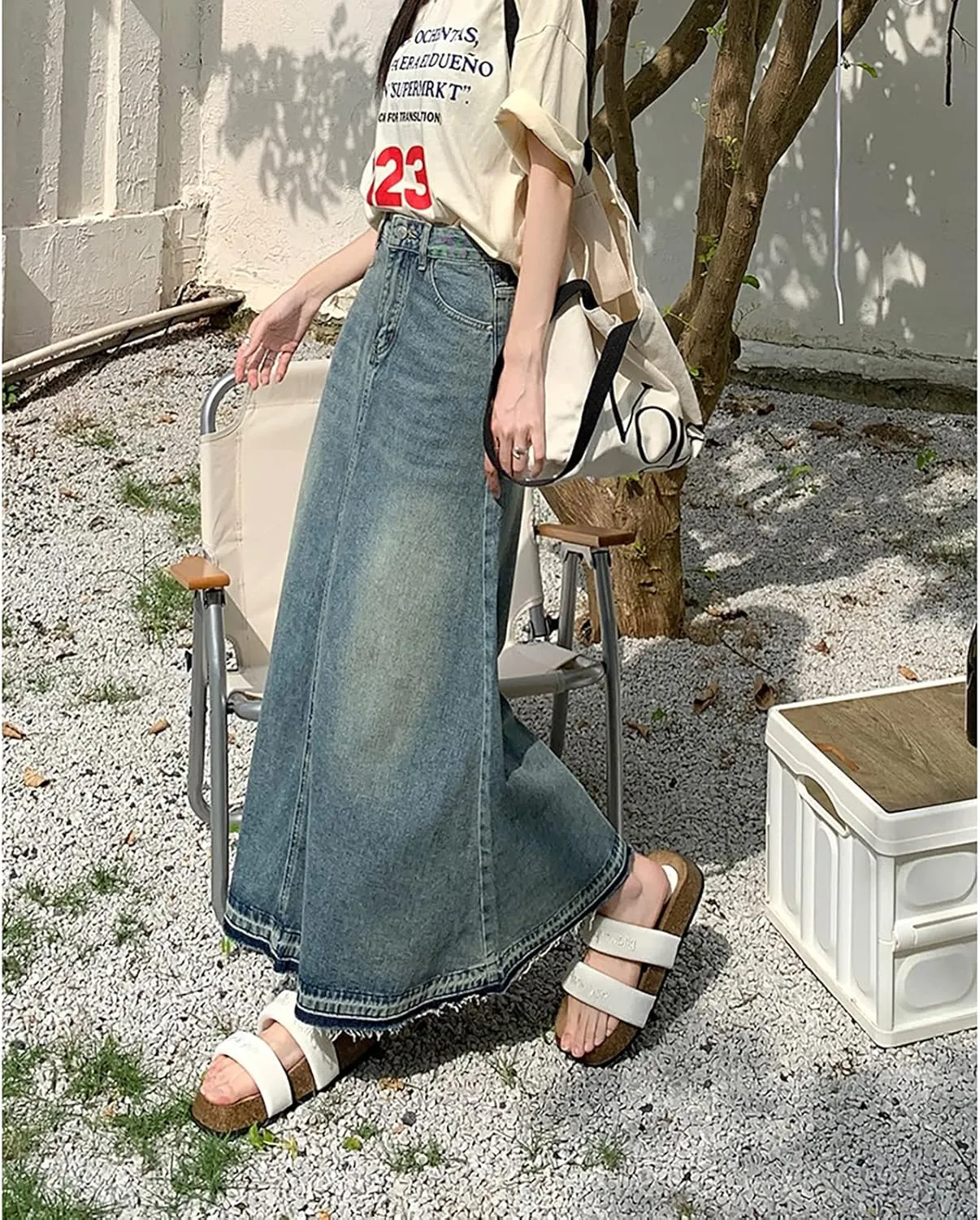 Vintage Denim High Waisted Maxi Skirt, Blue, Size L, Slim Fit, Women's Fashion Enthusiasts