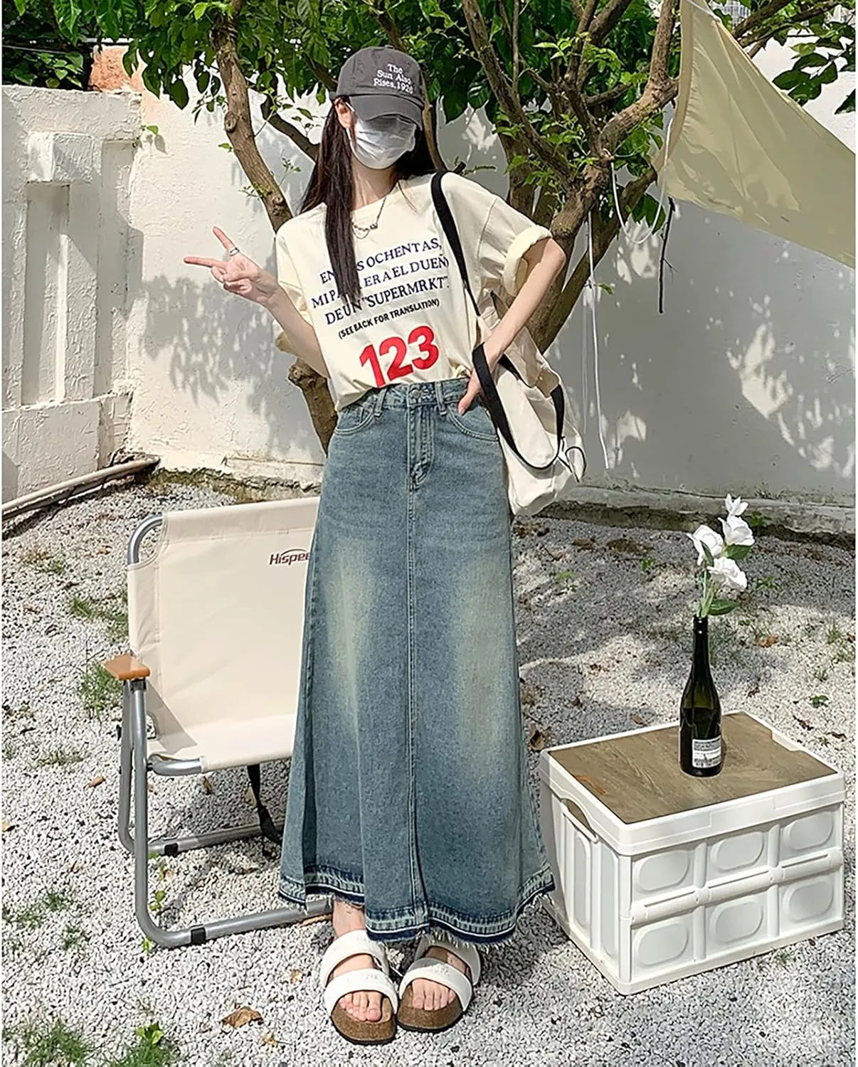 Vintage Denim High Waisted Maxi Skirt, Blue, Size L, Slim Fit, Women's Fashion Enthusiasts