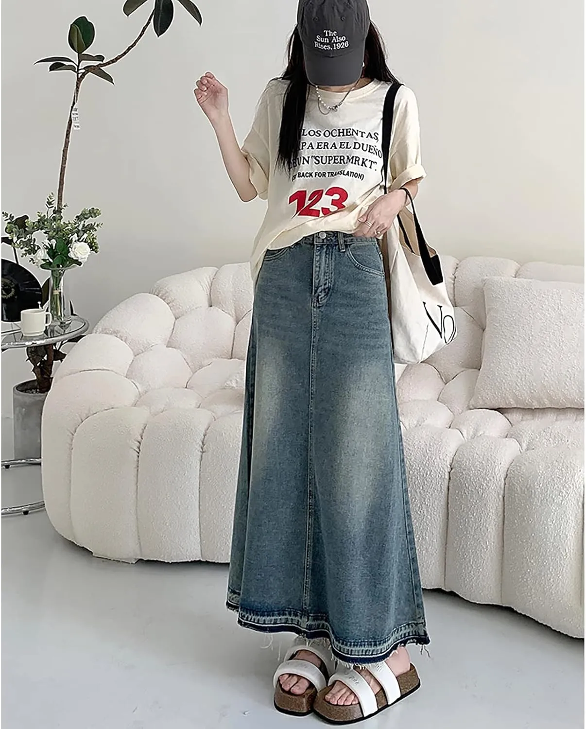 Vintage Denim High Waisted Maxi Skirt, Blue, Size L, Slim Fit, Women's Fashion Enthusiasts