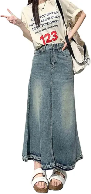Vintage Denim High Waisted Maxi Skirt, Blue, Size L, Slim Fit, Women's Fashion Enthusiasts