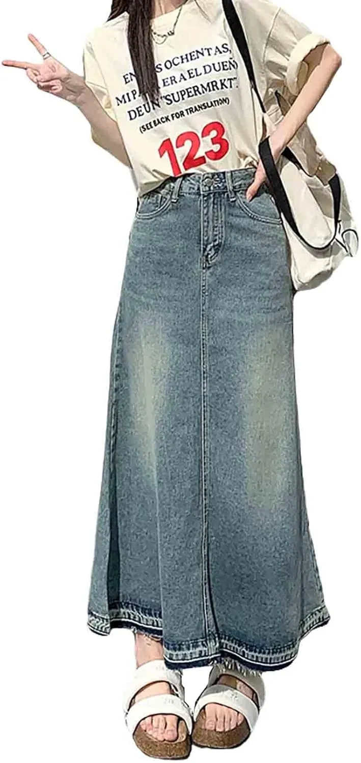 Vintage Denim High Waisted Maxi Skirt, Blue, Size L, Slim Fit, Women's Fashion Enthusiasts