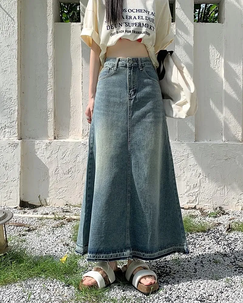 Vintage Denim High Waisted Maxi Skirt, Blue, Size L, Slim Fit, Women's Fashion Enthusiasts