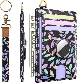 Wallet for Women with Wristlet Keychain: Secure Holder for AirTag, Premium Leather, Custom Pattern, RFID Blocking, Slim, Minimalist, Small - 8-11 Card Capacitiy | ID Window | Cash Pocket (Violet)
