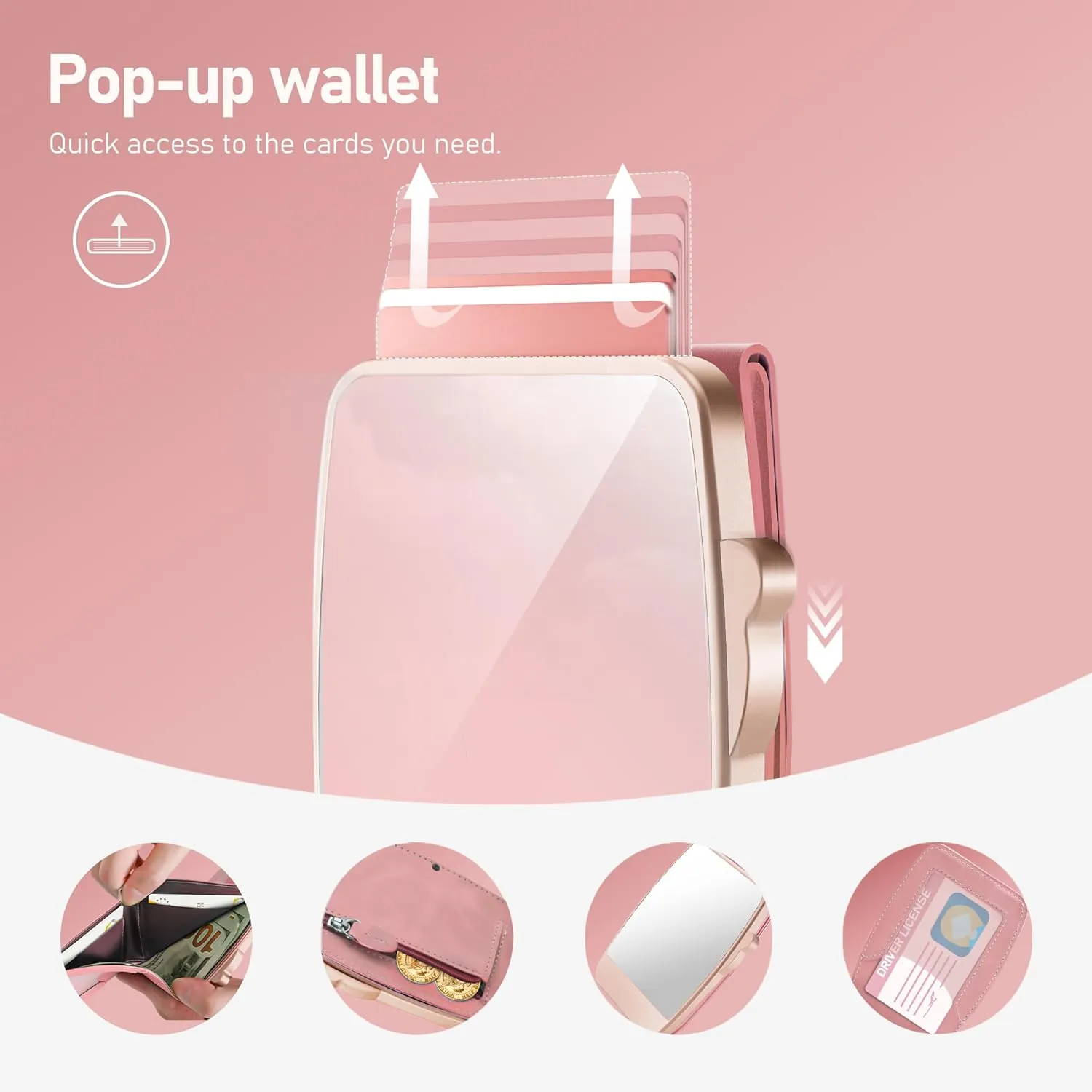 Wallet Women RFID Blocking Wallet with ID Windows, Pop-up Case, Cash Slot, Credit Card Minimalist Wallet with Mirror and Coin Pocket (Dreamy Red)